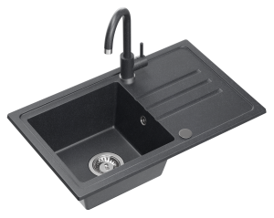 Quadron POP GRANITLOVE Zlewozmywak granitowy jednokomorowy 70*44*17,5 cm z ociekaczem BEN 111 GRANITEQ  black dotted ze stalowym odpływem z baterią KATE black dotted kolor czarny