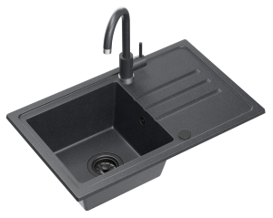 Quadron POP GRANITLOVE Zlewozmywak granitowy jednokomorowy 70*44*17,5 cm z ociekaczem BEN 111 GRANITEQ  black dotted z odpływem z tworzywa PBT pure carbon z baterią KATE black dotted kolor czarny