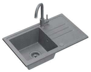 Quadron POP GRANITLOVE Zlewozmywak granitowy jednokomorowy 70*44*17,5 cm z ociekaczem BEN 111 GRANITEQ silver stone z odpływem  z tworzywa PBT silver stone z baterią KATE silver stone kolor szary