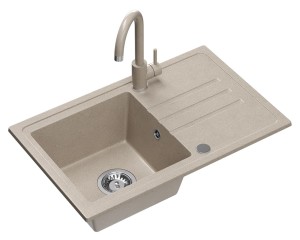 Quadron POP GRANITLOVE Zlewozmywak granitowy jednokomorowy 70*44*17,5 cm z ociekaczem BEN 111 GRANITEQ  river sand ze stalowym odpływem z baterią KATE river sand kolor beżowy