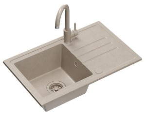 Quadron POP GRANITLOVE Zlewozmywak granitowy jednokomorowy 70*44*17,5 cm z ociekaczem BEN 111 GRANITEQ  river sand z odpływem z tworzywa PBT river sand z baterią KATE river sand kolor beżowy