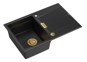 Quadron Unique Zlewozmywak granitowy jednokomorowy 76*50*21,5 cm z ociekaczem OWEN 111 PURE CARBON z syfonem Push-2-Open w kolorze złotym-DARMOWA DOSTAWA