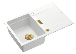 Quadron Unique Zlewozmywak granitowy jednokomorowy 76*50*21,5 cm z ociekaczem OWEN 111 SNOW WHITE z syfonem Push-2-Open w kolorze złotym-DARMOWA DOSTAWA