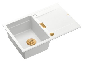 Quadron Unique Zlewozmywak granitowy jednokomorowy 76*50*21,5 cm z ociekaczem OWEN 111 SNOW WHITE z syfonem Push-2-Open w kolorze miedzianym-DARMOWA DOSTAWA