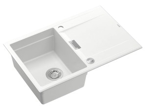 Quadron Unique Zlewozmywak granitowy jednokomorowy 76*50*21,5 cm z ociekaczem OWEN 111 SNOW WHITE z syfonem Push-2-Open w kolorze stalowym-DARMOWA DOSTAWA