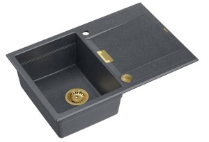 Quadron Unique Zlewozmywak granitowy jednokomorowy 76*50*21,5 cm z ociekaczem OWEN 111 BLACK DIAMOND z syfonem Push-2-Open w kolorze złotym-DARMOWA DOSTAWA