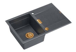 Quadron Unique Zlewozmywak granitowy jednokomorowy 76*50*21,5 cm z ociekaczem OWEN 111 BLACK DIAMOND z syfonem Push-2-Open w kolorze miedzianym-DARMOWA DOSTAWA