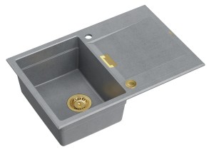 Quadron Unique Zlewozmywak granitowy jednokomorowy 76*50*21,5 cm z ociekaczem OWEN 111 SILVER STONE z syfonem Push-2-Open w kolorze złotym-DARMOWA DOSTAWA
