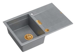 Quadron Unique Zlewozmywak granitowy jednokomorowy 76*50*21,5 cm z ociekaczem OWEN 111 SILVER STONE z syfonem Push-2-Open w kolorze miedzianym-DARMOWA DOSTAWA