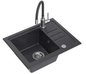 Quadron POP GRANITLOVE Zlewozmywak granitowy jednokomorowy 55*44*17,5 cm z ociekaczem BEN 116 GRANITEQ  black dotted ze stalowym odpływem z baterią MAGGIE z elastyczną wylewką  kolor czarny/stal