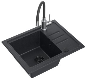 Quadron POP GRANITLOVE Zlewozmywak granitowy jednokomorowy 55*44*17,5 cm z ociekaczem BEN 116 GRANITEQ  black dotted z odpływem z tworzywa PBT pure carbon z baterią MAGGIE z elastyczną wylewką  kolor czarny/stal