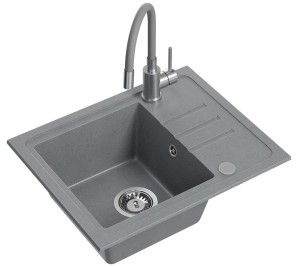 Quadron POP GRANITLOVE Zlewozmywak granitowy jednokomorowy 55*44*17,5 cm z ociekaczem BEN 116 GRANITEQ silver stone ze stalowym odpływem z baterią MAGGIE z elastyczną wylewką  kolor szary/stal
