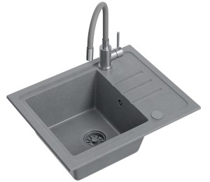 Quadron POP GRANITLOVE Zlewozmywak granitowy jednokomorowy 55*44*17,5 cm z ociekaczem BEN 116 GRANITEQ silver stone z odpływem z tworzywa PBT silver stone z baterią MAGGIE z elastyczną wylewką  kolor szary/stal