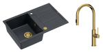 Quadron Unique Zlewozmywak granitowy jednokomorowy 78*50*22 cm z ociekaczem MORGAN 111 BLACK DIAMOND z syfonem Push-2-Open w kolorze złotym z baterią JENNIFER Q LINE SLIM z wyciąganą wylewką i funkcją prysznica kolor złoty-DARMOWA DOSTAWA
