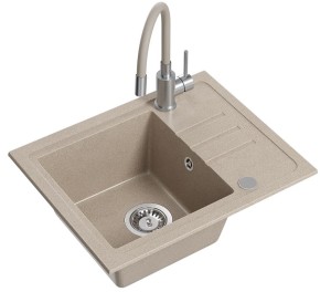 Quadron POP GRANITLOVE Zlewozmywak granitowy jednokomorowy 55*44*17,5 cm z ociekaczem BEN 116 GRANITEQ  river sand ze stalowym odpływem z baterią MAGGIE z elastyczną wylewką  kolor beżowy/stal