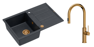 Quadron Unique Zlewozmywak granitowy jednokomorowy 78*50*22 cm z ociekaczem MORGAN 111 BLACK DIAMOND z syfonem Push-2-Open w kolorze miedzianym z baterią JENNIFER Q LINE SLIM  z wyciąganą wylewką i funkcją prysznica kolor miedziany-DARMOWA DOSTAWA