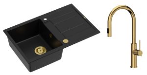 Quadron Unique Zlewozmywak granitowy jednokomorowy 78*50*22 cm z ociekaczem MORGAN 111 PURE CARBON z syfonem Push-2-Open w kolorze złotym z baterią  JENNIFER Q LINE SLIM  z wyciąganą wylewką i funkcją prysznica kolor złoty-DARMOWA DOSTAWA