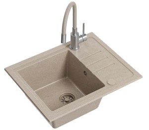 Quadron POP GRANITLOVE Zlewozmywak granitowy jednokomorowy 55*44*17,5 cm z ociekaczem BEN 116 GRANITEQ  river sand z odpływem z tworzywa PBT river sand z baterią MAGGIE z elastyczną wylewką  kolor beżowy/stal
