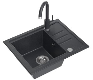 Quadron POP GRANITLOVE Zlewozmywak granitowy jednokomorowy 55*44*17,5 cm z ociekaczem BEN 116 GRANITEQ  black dotted ze stalowym odpływem z baterią KATE black dotted kolor czarny
