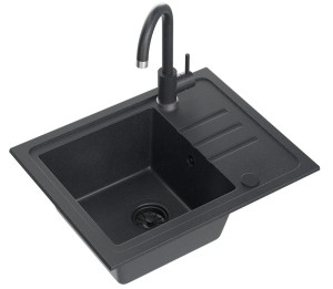 Quadron POP GRANITLOVE Zlewozmywak granitowy jednokomorowy 55*44*17,5 cm z ociekaczem BEN 116 GRANITEQ  black dotted z odpływem z tworzywa PBT pure carbon z baterią KATE black dotted kolor czarny