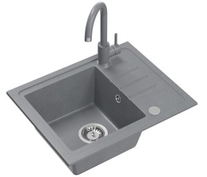 Quadron POP GRANITLOVE Zlewozmywak granitowy jednokomorowy 55*44*17,5 cm z ociekaczem BEN 116 GRANITEQ silver stone ze stalowym odpływem z baterią KATE silver stone kolor szary
