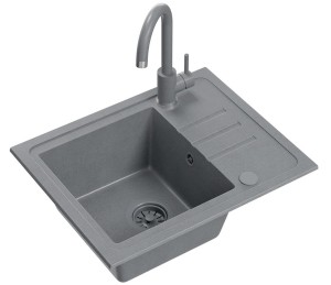 Quadron POP GRANITLOVE Zlewozmywak granitowy jednokomorowy 55*44*17,5 cm z ociekaczem BEN 116 GRANITEQ silver stone z odpływem  z tworzywa PBT silver stone z baterią KATE silver stone kolor szary