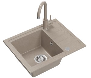 Quadron POP GRANITLOVE Zlewozmywak granitowy jednokomorowy 55*44*17,5 cm z ociekaczem BEN 116 GRANITEQ  river sand ze stalowym odpływem z baterią KATE river sand kolor beżowy