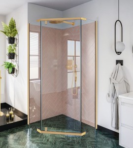 Kabina STYLIO pentagonalna 1-skrzydłowa 90x90x190 złoty połysk szkło transparentne z powłoką CleanGLASS - Darmowa dostawa
