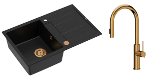 Quadron Unique Zlewozmywak granitowy jednokomorowy 78*50*22 cm z ociekaczem MORGAN 111 PURE CARBON z syfonem Push-2-Open w kolorze miedzianym z baterią  JENNIFER Q LINE SLIM  z wyciąganą wylewką i funkcją prysznica kolor miedziany-DARMOWA DOSTAWA