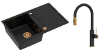 Quadron Unique Zlew granitowy jednokomorowy 78*50*22 cm z ociekaczem MORGAN 111 PURE CARBON z syfonem Push-2-Open w kolorze miedz  z baterią JENNIFER Q LINE SLIM  PURE CARBON z wyciąganą wylewką i funkcją prysznica kolor czarny/ miedź-DARMOWADOSTAWA