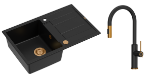 Quadron Unique Zlew granitowy jednokomorowy 78*50*22 cm z ociekaczem MORGAN 111 PURE CARBON z syfonem Push-2-Open w kolorze miedz  z baterią JENNIFER Q LINE SLIM  PURE CARBON z wyciąganą wylewką i funkcją prysznica kolor czarny/ miedź-DARMOWADOSTAWA