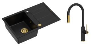 Quadron Unique Zlew granitowy jednokomorowy 78*50*22 cm z ociekaczem MORGAN 111 PURE CARBON z syfonem Push-2-Open w kolorze złotym z baterią JENNIFER Q LINE SLIM  PURE CARBON z wyciąganą wylewką i funkcją prysznica czarny mat/ złote-DARMOWA DOSTAWA