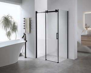 HYDROSAN Kabina prysznicowa prostokątna narożna 90x120x190 drzwi przesuwne na rolkach ze ścianką boczną czarna szkło transparentne uniwersalna z powłoką Nano Glass BS14C-120X90