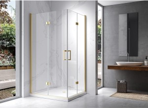 HYDROSAN Kabina prysznicowa prostokątna narożna 80x90x195 drzwi podwójne składane złota szkło transparentne uniwersalna z powłoką Nano Glass KZ12A-GL-90X80