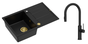 Quadron Unique Zlewozmywak granitowy jednokomorowy 78*50*22 cm z ociekaczem MORGAN 111 PURE CARBON z syfonem Push-2-Open w kolorze złotym z baterią JENNIFER Q LINE SLIM  PURE CARBON z wyciąganą wylewką i funkcją prysznica kolor czarny-DARMOWA DOSTAWA