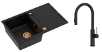 Quadron Unique Zlew granitowy jednokomorowy 78*50*22 cm z ociekaczem MORGAN 111 PURE CARBON z syfonem Push-2-Open w kolorze miedź z baterią JENNIFER Q LINE SLIM  PURE CARBON z wyciąganą wylewką i funkcją prysznica kolor czarny mat-DARMOWADOSTAWA