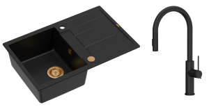 Quadron Unique Zlew granitowy jednokomorowy 78*50*22 cm z ociekaczem MORGAN 111 PURE CARBON z syfonem Push-2-Open w kolorze miedź z baterią JENNIFER Q LINE SLIM  PURE CARBON z wyciąganą wylewką i funkcją prysznica kolor czarny mat-DARMOWADOSTAWA