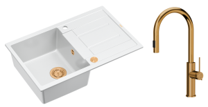 Quadron Unique Zlewozmywak granitowy jednokomorowy 78*50*22 cm z ociekaczem MORGAN 111 SNOW WHITE z syfonem Push-2-Open w kolorze miedzianym z baterią JENNIFER Q LINE SLIM  z wyciąganą wylewką i funkcją prysznica kolor miedziany-DARMOWA DOSTAWA