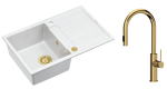 Quadron Unique Zlewozmywak granitowy jednokomorowy 78*50*22 cm z ociekaczem MORGAN 111 SNOW WHITE z syfonem Push-2-Open w kolorze złotym z baterią JENNIFER Q LINE SLIM  z wyciąganą wylewką i funkcją prysznica kolor złoty-DARMOWA DOSTAWA