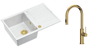 Quadron Unique Zlewozmywak granitowy jednokomorowy 78*50*22 cm z ociekaczem MORGAN 111 SNOW WHITE z syfonem Push-2-Open w kolorze złotym z baterią JENNIFER Q LINE SLIM  z wyciąganą wylewką i funkcją prysznica kolor złoty-DARMOWA DOSTAWA
