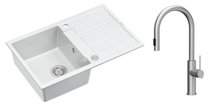 Quadron Unique Zlewozmywak granitowy jednokomorowy 78*50*22 cm z ociekaczem MORGAN 111 SNOW WHITE z syfonem Push-2-Open w kolorze stalowym z baterią JENNIFER Q LINE SLIM  z wyciąganą wylewką i funkcją prysznica kolor stal szczotkowana-DARMOWA DOSTAWA