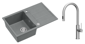 Quadron Unique  Zlewozmywak granitowy jednokomorowy 78*50*22 cm z ociekaczem MORGAN 111 SILVER STONE z syfonem Push-2-Open w kolorze stalowym z baterią JENNIFER Q LINE SLIM  z wyciąganą wylewką i funkcją prysznica kolor stal szczotkowana-DARMOWA DOSTAWA