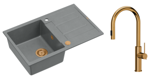 Quadron Unique Zlewozmywak granitowy jednokomorowy 78*50*22 cm z ociekaczem MORGAN 111 SILVER STONE z syfonem Push-2-Open w kolorze miedzianym z baterią JENNIFER Q LINE SLIM  z wyciąganą wylewką i funkcją prysznica kolor miedziany-DARMOWA DOSTAWA