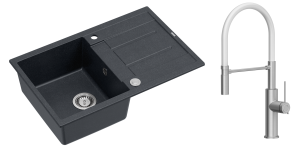 Quadron  Unique Zlewozmywak granitowy jednokomorowy 78*50*22 cm z ociekaczem MORGAN 111 BLACK DIAMOND z syfonem Push-2-Open w kolorze stalowym z baterią  GEMMA Q LINE SLIM  z ruchomą wylewką kolor stal szczotkowana/biały wąż-DARMOWA DOSTAWA