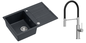 Quadron  Unique Zlewozmywak granitowy jednokomorowy 78*50*22 cm z ociekaczem MORGAN 111 BLACK DIAMOND z syfonem Push-2-Open w kolorze stalowym z baterią  GEMMA Q LINE SLIM  z ruchomą wylewką kolor stal szczotkowana/czarny wąż-DARMOWA DOSTAWA