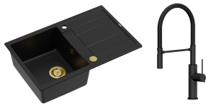 Quadron Unique Zlewozmywak granitowy jednokomorowy 78*50*22 cm z ociekaczem MORGAN 111 PURE CARBON z syfonem Push-2-Open w kolorze złotym z baterią GEMMA Q LINE SLIM  PURE CARBON z ruchomą wylewką kolor czarny/czarny wąż-DARMOWA DOSTAWA