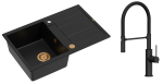 Quadron Unique Zlewozmywak granitowy jednokomorowy 78*50*22 cm z ociekaczem MORGAN 111 PURE CARBON z syfonem Push-2-Open w kolorze miedzianym z baterią  GEMMA Q LINE SLIM  PURE CARBON z ruchomą wylewką kolor czarny/czarny wąż - DARMOWA DOSTAWA