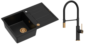 Quadron Unique Zlewozmywak granitowy jednokomorowy 78*50*22 cm z ociekaczem MORGAN 111 PURE CARBON z syfonem Push-2-Open w kolorze miedzianym z baterią GEMMA Q LINE SLIM PURE CARBON z ruchomą wylewką czarny mat/wyk miedź/czarny wąż- DARMOWA DOSTAWA