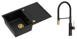 Quadron Unique Zlewozmywak granitowy jednokomorowy 78*50*22 cm z ociekaczem MORGAN 111 PURE CARBON z syfonem Push-2-Open w kolorze złotym z baterią GEMMA Q LINE SLIM  PURE CARBON z ruchomą wylewką czarny mat/wyk złote/czarny wąż-DARMOWA DOSTAWA