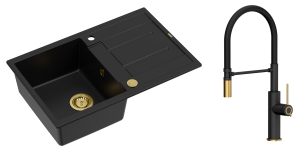 Quadron Unique Zlewozmywak granitowy jednokomorowy 78*50*22 cm z ociekaczem MORGAN 111 PURE CARBON z syfonem Push-2-Open w kolorze złotym z baterią GEMMA Q LINE SLIM  PURE CARBON z ruchomą wylewką czarny mat/wyk złote/czarny wąż-DARMOWA DOSTAWA